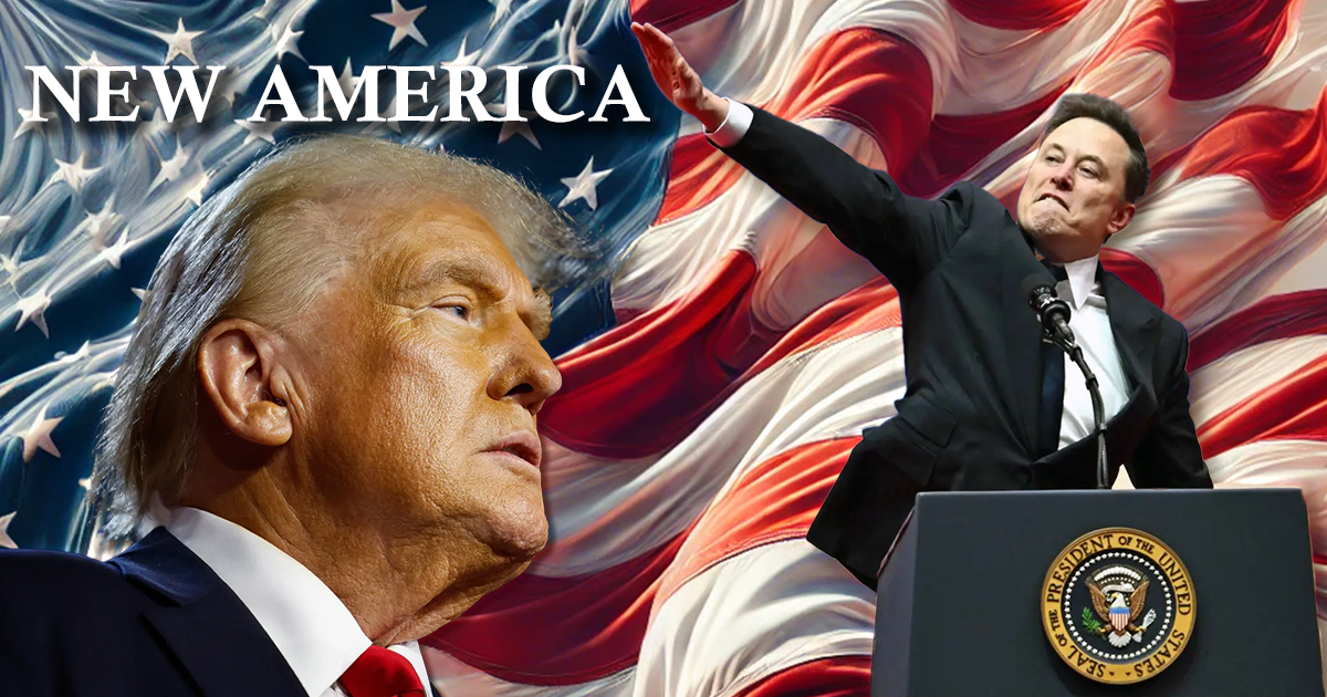 The New America: image of Elon Musk gesturing a Nazi salute directed towards and image of U.S. President Donald J. Trump with an American flag waving in the background.